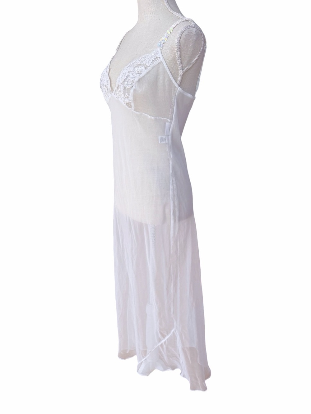Vintage Fredericks of Hollywood White Sheer Maxi Slip Dress Sequin Lace S/M NWOT - Picture 5 of 6